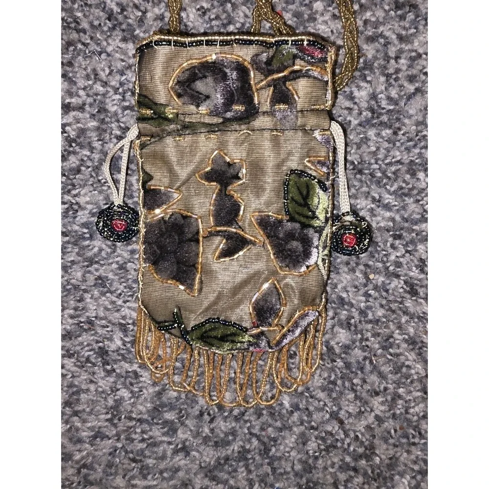 Vintage Style‎ Beaded Drawstring Pouch. Dark Olive Fabric Adorned With Floral...
